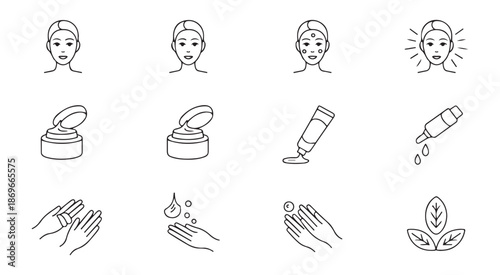 Skincare product application icons beauty routine facial mask cream hands wash natural ingredients