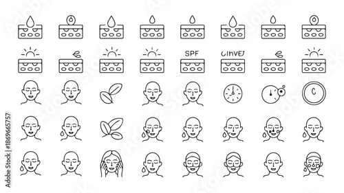 Dermatology icons featuring skin layers with moisture droplets and various facial treatment symbols