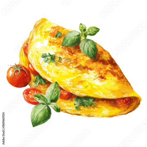 Omelette in watercolor painting style, vector illustration on white background.