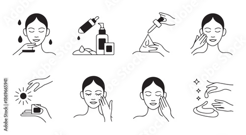 Beauty face skin care routine icons set for cosmetology and dermatology vector illustration
