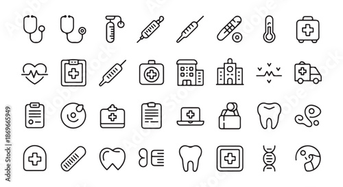 Medicine and healthcare line icons set outline vector symbols for medical checkup and hospital services design