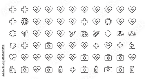 Set of various thin line medical and healthcare icons for first aid and emergency services