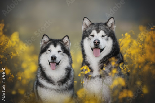 Two fluffy Alaskan Malamute dogs are standing in a field of yellow flowers, with their tongues sticking out and appearing to smile. The dogs seem content on a sunny day in nature