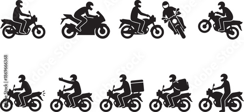 Dynamic vector silhouettes of motorcycle riders in various poses, including delivery services, representing urban commuting and diverse two-wheeled transportation concepts