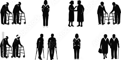 Elderly Care Silhouette Set, Senior People with Walkers and Crutches, Medical Nurse Icons, Healthcare Support, Aging Population, Disabled Patient Help,
