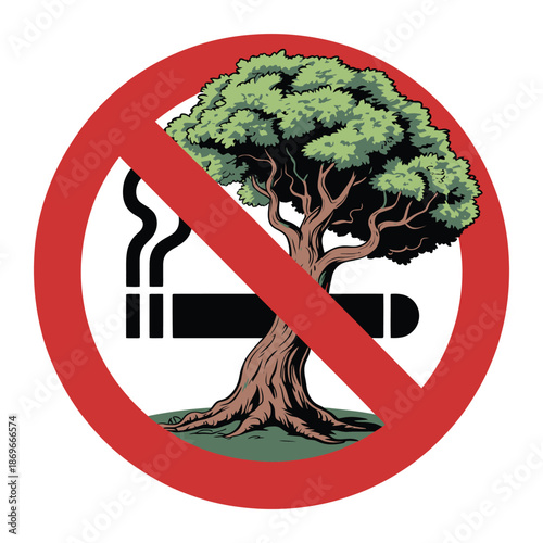 No smoking sign with tree, isolated on transparent background, red prohibition symbol for environmental safety and warning signage.