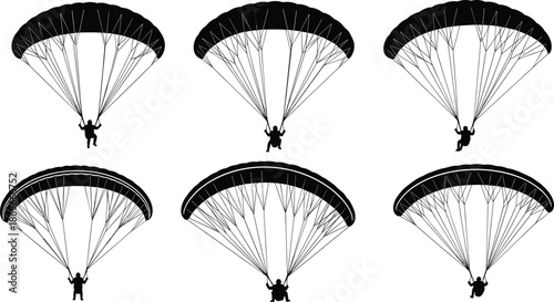 Paragliding Silhouette Collection, Skydive Vector Icons, Extreme Sport Shapes, Parachuting Figures, Outdoor Adventure Graphic Elements, Flying Activity, High Altitude Sports, Paraglider
