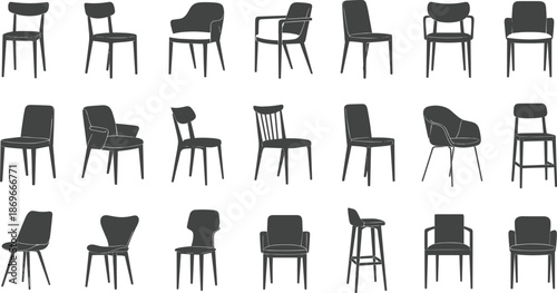 Modern Chair Silhouette Collection, Furniture Vector Icons, Minimalist Seat Shapes, Office and Home Dining Chairs, Interior Design Elements, Bar Stools,
