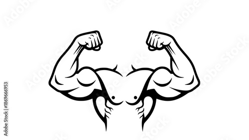 Flat vector illustration of muscular arms flexing biceps, isolated on white background, gym anatomy illustration, fitness training concept, clean bold outlines, modern sports vector