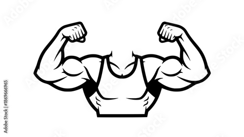 Flat vector illustration of muscular arms flexing biceps, isolated on white background, gym anatomy illustration, fitness training concept, clean bold outlines, modern sports vector