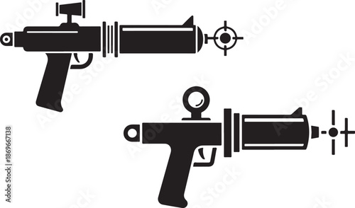 Black and white illustration of two different ray gun or futuristic weapon designs