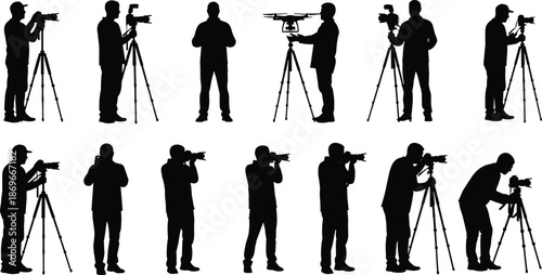 Photographer Silhouette Set, Videographer Vector Icons, Cameraman with Tripod, Drone Pilot Shapes, Media Production Graphics, Professional Press, Camera Operator Elements,