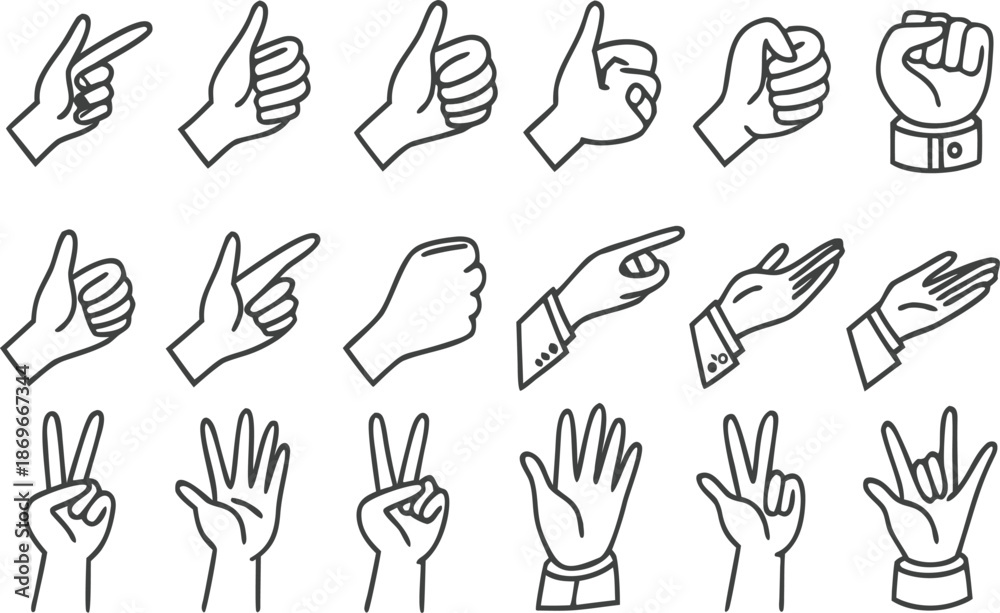 Fototapeta premium Vector illustration of a hand gestures set featuring a palm, fist, and pointing finger icons in a cartoon silhouette design for creative idea concepts and victory signs collection