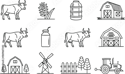 A vintage dairy farm animals set featuring vector illustrations and sketches of a cow, horse, and sheep in a silhouette design icon collection for agriculture