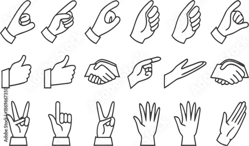 Vector collection of hand gestures and silhouettes featuring human palm prints and hand-drawn sketch icons with finger signs in a doodle pattern design