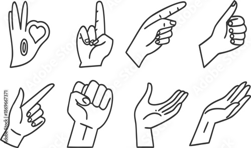 Vector illustration set of hand gestures and human signs featuring business people silhouettes with finger icons, palm symbols, and a woman’s hand outline
