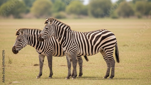 Two zebras standing together in a grassy field