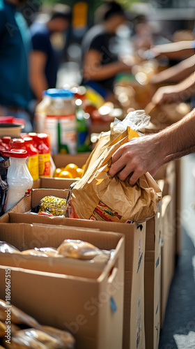 Community members distribute groceries in cardboard boxes at a local food drive, with people gathering nearby