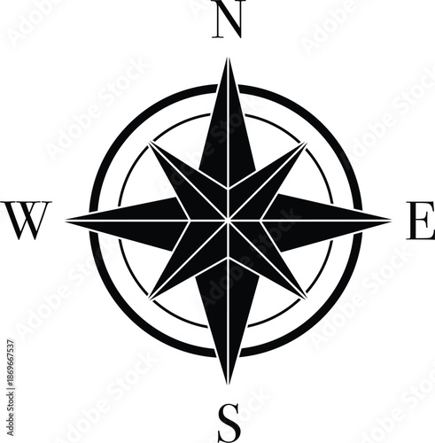 Classic Black Compass Rose Navigation Icon, Vector Nautical Wind Rose Symbol for Travel Maps, Marine Exploration, Directional Graphics, Adventure Branding, and Geographic