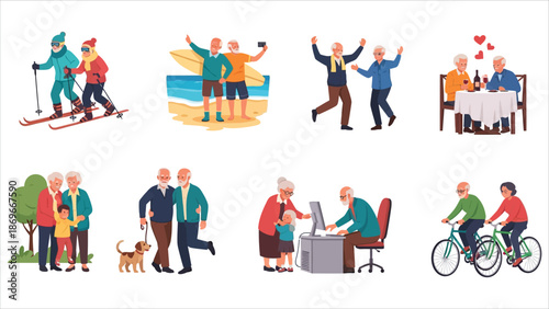 Active seniors lifestyle concept with diverse outdoor and indoor activities.eps