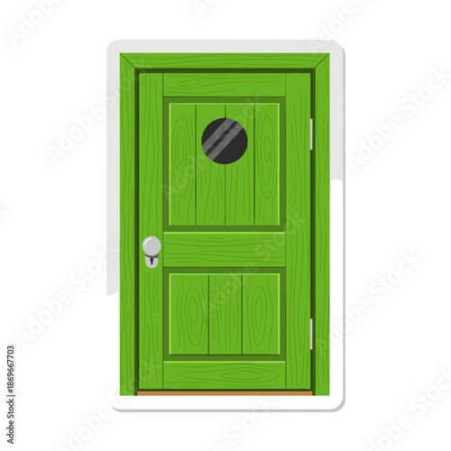 Green wooden door with a round window and silver doorknob, isolated on a white background.