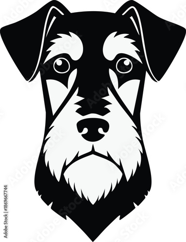 Miniature Schnauzer Dog Head Vector Illustration, Black and White Terrier Breed Portrait Graphic, Cute Bearded Pet Mascot Design Isolated on White Background for Animal Art
