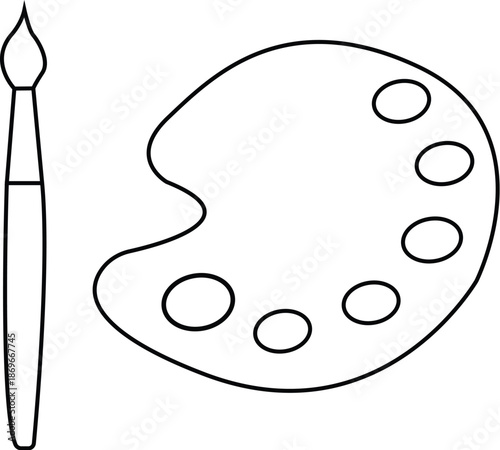 Artist Paint Palette and Brush Outline Vector Illustration, Creative Art Equipment Sketch Design, Blank Painting Tools Graphic Template Isolated on White Background for Art
