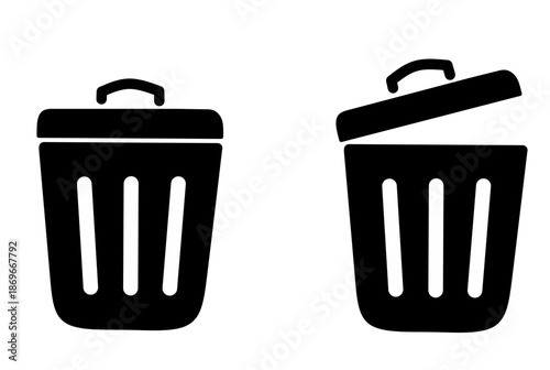Trash can icons featuring closed and open lid designs for waste management and disposal concepts