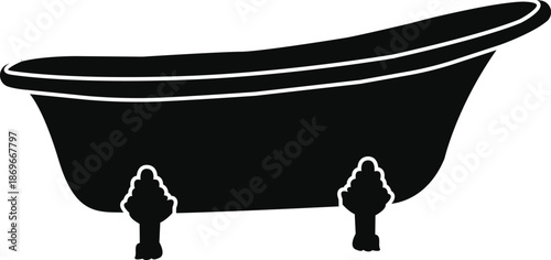 Vintage clawfoot bathtub silhouette icon, black antique soaking tub vector for bathroom decor, interior design graphic for spa, relaxation, and plumbing logos, classic home fixture.
