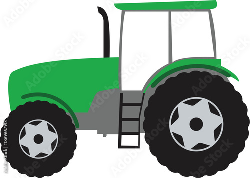 Modern Green Farm Tractor Illustration; Agricultural Machinery Vector Graphic for Farming Industry, Harvest Season, Rural Life Equipment, and Heavy Vehicle Commercial Advertising Design.