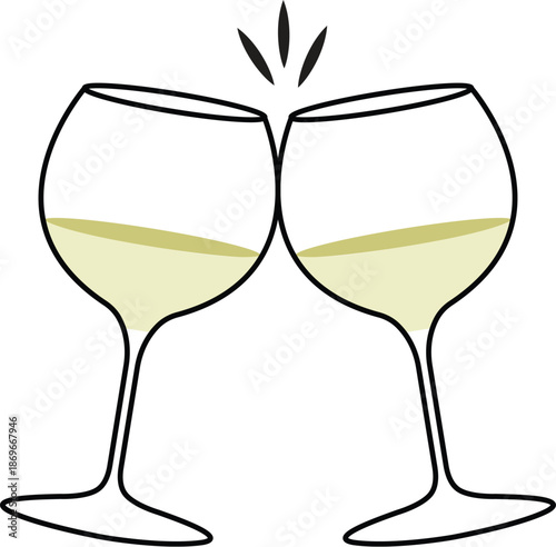 Cheers! Two elegant wine glasses clinking with white wine. Celebrate a toast at a wedding, party, or anniversary. Vector illustration of a drink toast isolated on a white background.