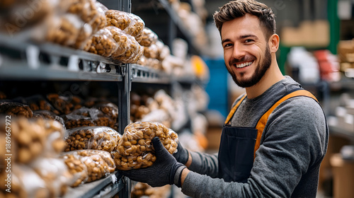 Smiling worker in a warehouse holding a bag of nuts while organizing shelves filled with similar bags