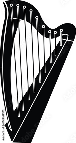 Elegant harp musical instrument silhouette vector icon. Black and white classical orchestra lyre illustration for music academy branding, concert posters, and angelic or celestial themes.