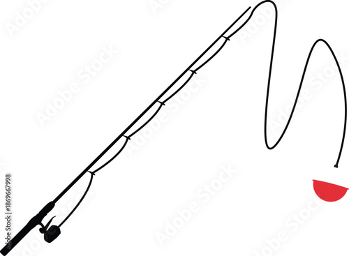 Fishing rod silhouette with a red and white bobber illustration. Recreational angling equipment vector for fishing tournaments, outdoor hobby promotions, and nature travel designs.