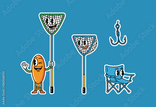 Cartoon Fishing Equipment Set with Happy Fish Net Hook and Folding Chair Characters in Retro Rubber Hose Style for Outdoor Hobby Design