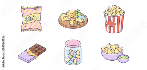 Assorted Snack Food Icon Set featuring Potato Chips Cheese Platter Popcorn Chocolate Bar Gummy Bears and Nachos with Dip Illustration
