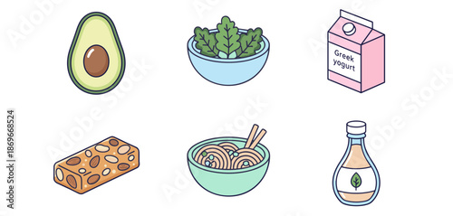 Healthy food and snack isometric icons set featuring avocado salad greek yogurt nut bar ramen noodles and dressing bottle for diet