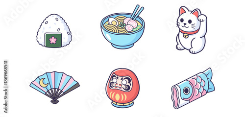 Traditional Japanese culture and food icons set featuring onigiri ramen lucky cat fan daruma doll and koinobori fish windsock