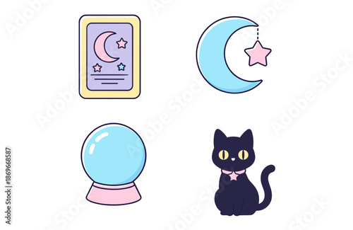 Mystical magic theme icon set with tarot card blue crescent moon with star crystal ball and black cat with pink collar for occult decoration