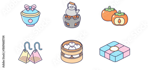 Traditional asian tea culture and dim sum icons set including teapot, steamer basket, tea bags, persimmon fruit and gift box objects