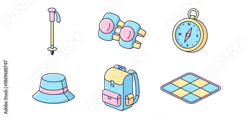 Retro cartoon hiking and camping gear sticker set with compass backpack walking pole and mat in vintage rubber hose mascot style for outdoor