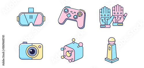 Future gaming and virtual reality technology equipment icons set including VR headset, controller, haptic gloves, camera and sensors