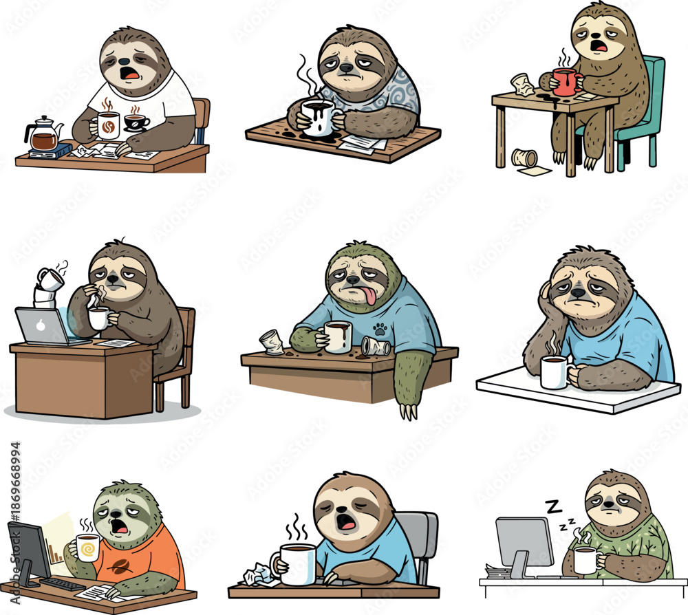 Obraz premium vector illustration of tired sloth working with coffee