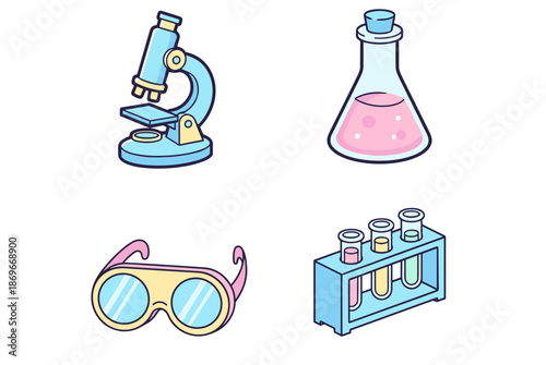 Laboratory Scientific Research Equipment Set Featuring Microscope, Erlenmeyer Flask with Liquid, Safety Goggles and Test Tubes in Rack