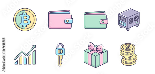 Cryptocurrency Concept and Financial Investment Icons with Digital Wallet Money Coin Mining Hardware and Growth Graph Graphics
