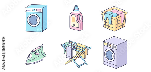Laundry and fabric care icons collection including washing machine detergent laundry basket iron clothes drying rack and dryer