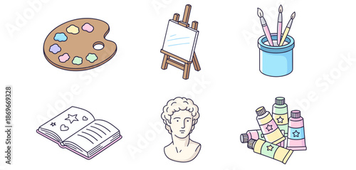 Fine Art and Painting Supplies Vector Icons Set Featuring Palette Easel Brushes Sculpture Bust Paint Tubes and Sketchbook Illustration