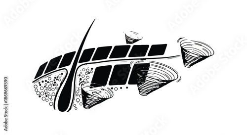 Detailed black and white scientific illustration depicting a cross section of human skin structure showing follicle layers and associated dermal components for medical education or dermatology diagram