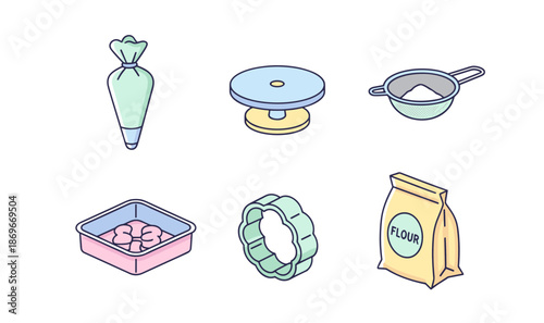 Professional Baking and Cake Decorating Tools Set with Piping Bag Turn Table Flour Sieve Baking Pan Cookie Cutter and Flour Bag Icons
