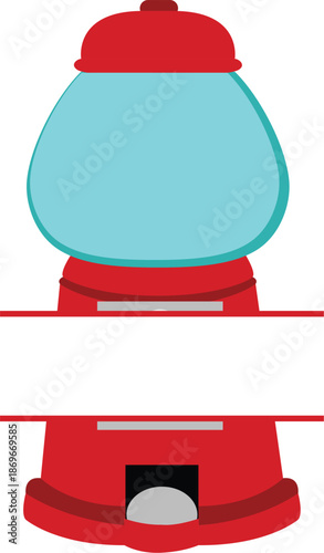 Vintage red gumball machine vector illustration with blank white banner for custom text. Retro candy dispenser icon for labels, party invitations, and vending machine business concepts.